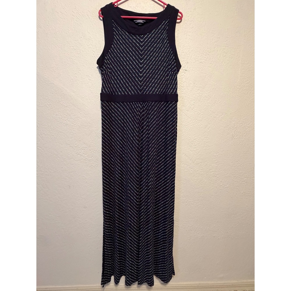 Lands End Navy Blue Teal Dotted Chevron Sleeveless Maxi Dress XL 18